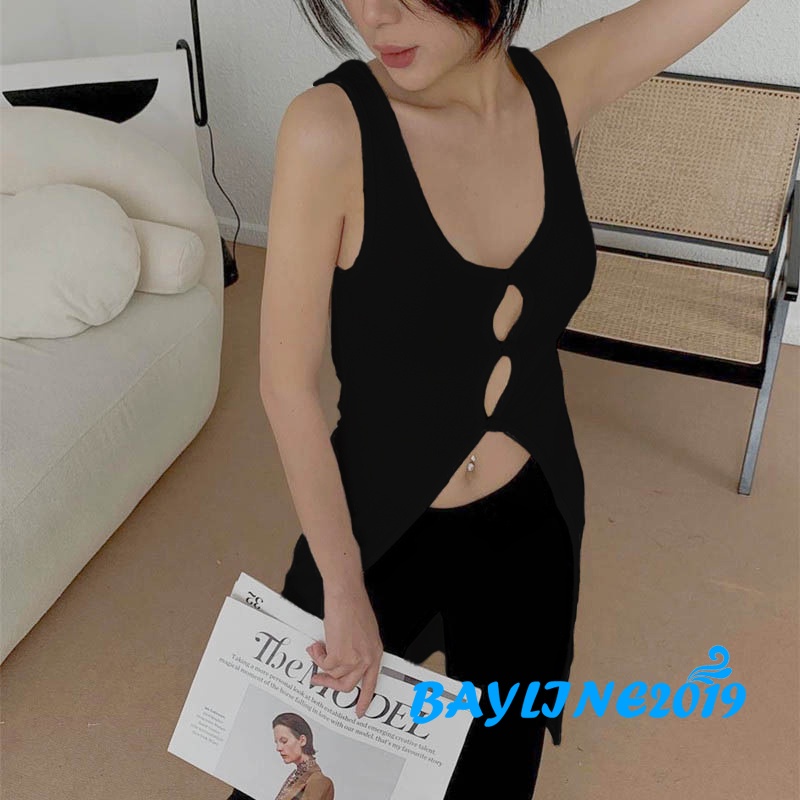 BAY-Women Summer Sleeveless Vest, Solid Color U-Neck Front Hollow Out Slit Hem Slim Fit Mid-Length Tank Tops