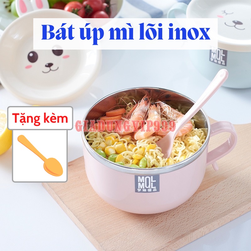 Bát ăn mì Tô úp mì inox 2 lớp có nắp chống nóng cao cấp bát ăn cho bé nắp hình thú dễ thương (Tặng kèm thìa)