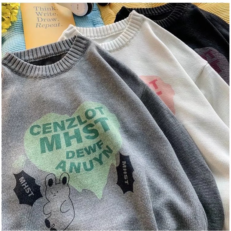 Áo len cổ tròn dài tay in hình hoạt hình thời trang nam