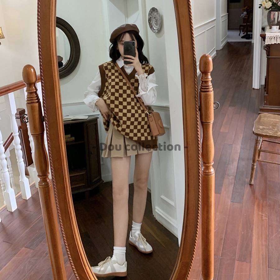 [Nowship2h] Áo gile Unisex họa tiết ô vuông vintage áo len không tay dáng xuông cá tính thời trang thu đông - mã TA010