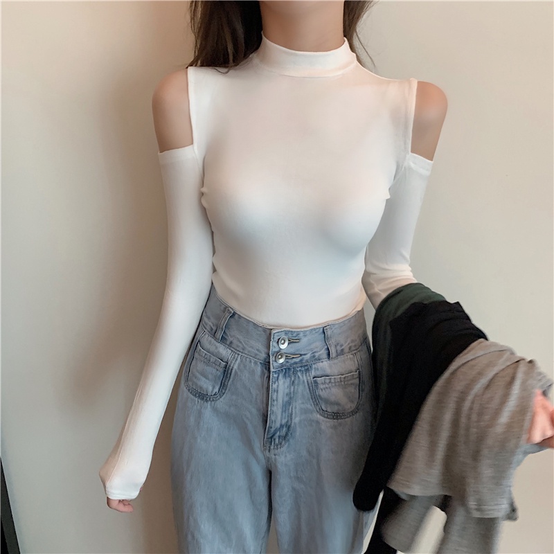 SUA010 Áo thun ôm body cổ lọ khoét vai đen trơn tay dài tôn dáng Áo phông kiểu nữ hở 2 vai cao cổ hè thu đông