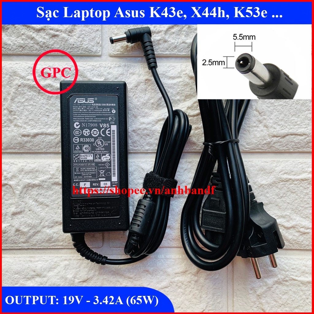 Sạc Laptop Asus K43e K53e x44h OUTPUT 19V 3.42A (65W) chân thường kích thước 5.5mm * 2.5mm - Hàng Nhập Khẩu New