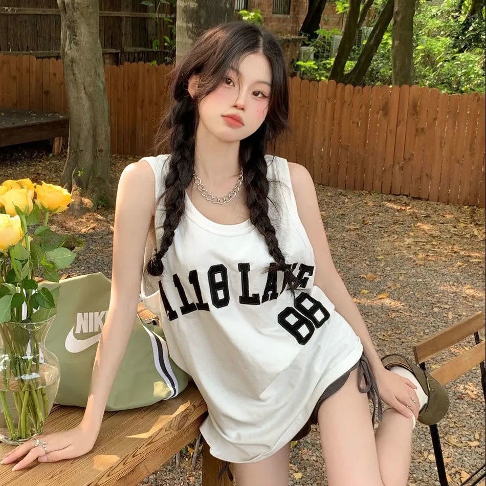 Jiashucheng Áo Thun Ba Lỗ Thể Thao Dáng Rộng In Chữ Phong Cách Hip Hop Mỹ Thời Trang Mùa Hè Cho Cặp Đôi