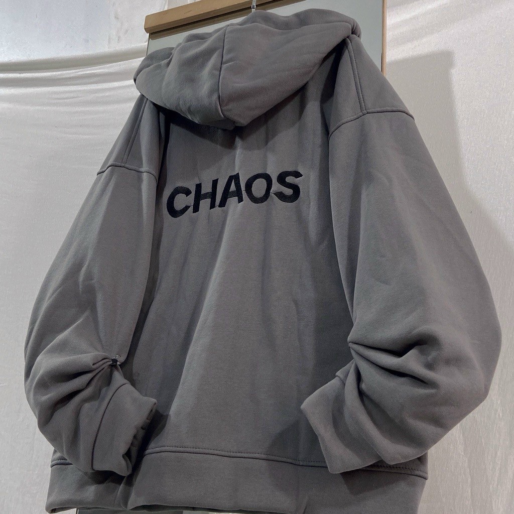 Áo khoác nỉ bông cotton cao cấp áo khóa dây kéo zip dày dặn in chữ CHAOS form rộng unisex nam nữ AQ STORE
