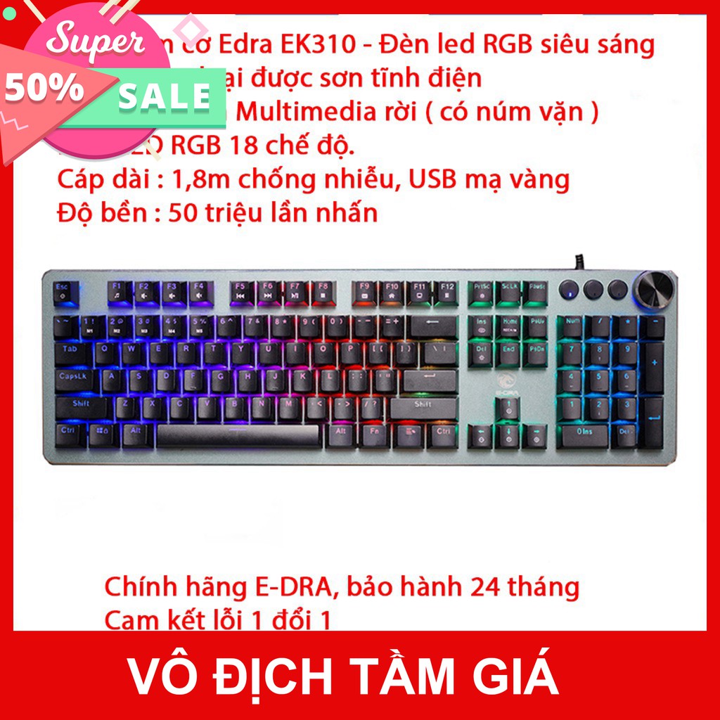 Bàn phím cơ E-DRA EK310 - Đèn led RGB siêu sáng - Vỏ kim loại - Keycap ABS Double Shot - Bảo hành 24 tháng