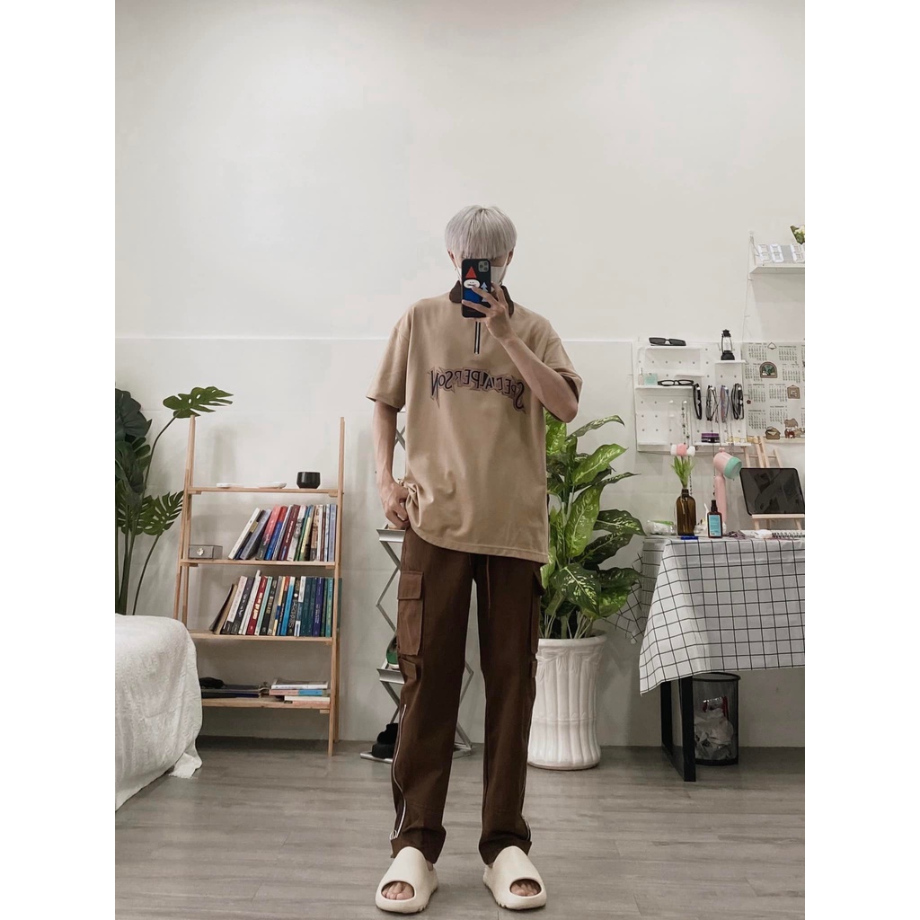 quần kaki túi hộp form korea có dây kéo ở ống quần [màu nâu]