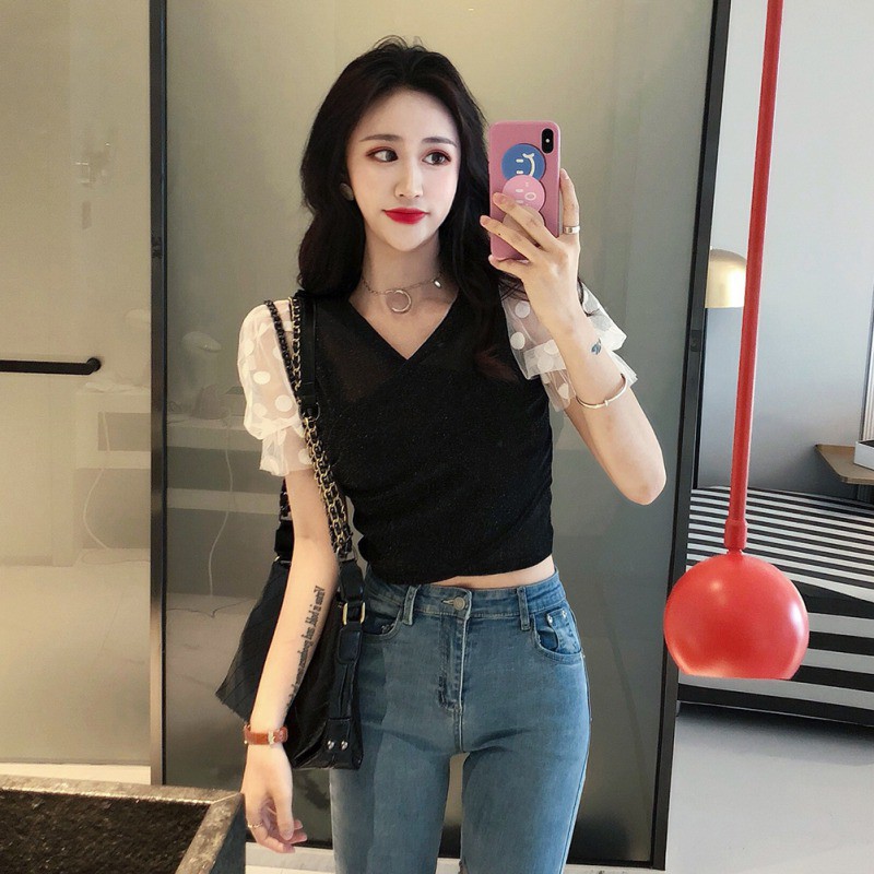 Women Sexy Sling Strapless V Collar Mesh Stitching Short Sleeve Blouse | BigBuy360 - bigbuy360.vn
