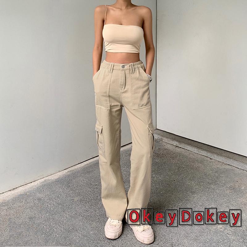 OKDK-Quần vận chuyển hàng hóa thời trang nữ Quần jean cạp cao khóa thẳng có túi