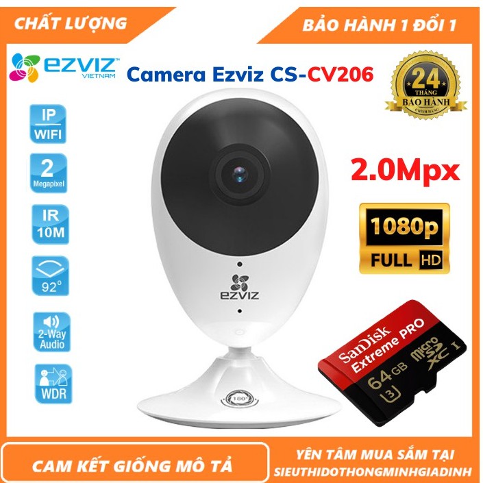 Camera Wifi - Camera Ezviz CS-CV206 ( C2C ) 2Mpx/1080P,F2.8mm, IR 7.5m ,Đàm Thoại,Cảnh Báo Chuyển Động, Hàng Chính Hãng
