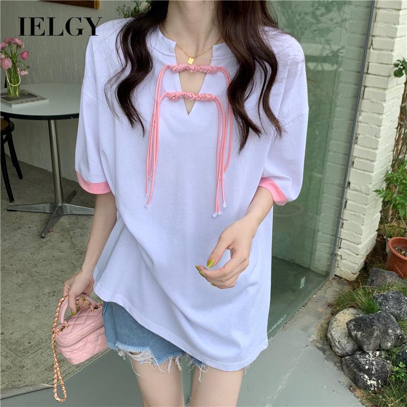 Áo thun Ielgy ngắn tay cổ chữ v màu sắc tương phản phong cách hàn quốc cho nữ