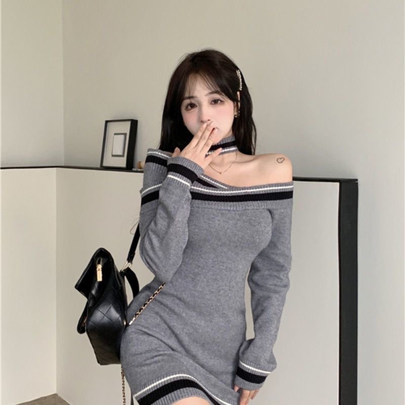 Đầm len ôm body tay dài lệch vai ôm cổ hàng taobao