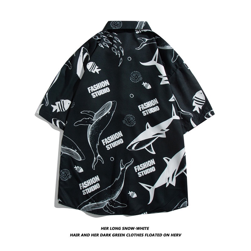 Short Sleeve Shirt With Cartoon Shark Print Korean Style Summer Fashion For Men 2022