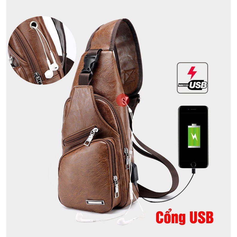 Túi đeo chéo nam da PU cao cấp tặng cáp USB tiện lợi TNDA
