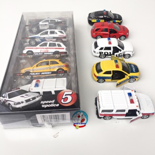 SIÊU HOT: Hộp 5 chiếc ô tô sắt: xe cảnh sát mở cánh tỉ lệ 1:64, chạy bánh đà