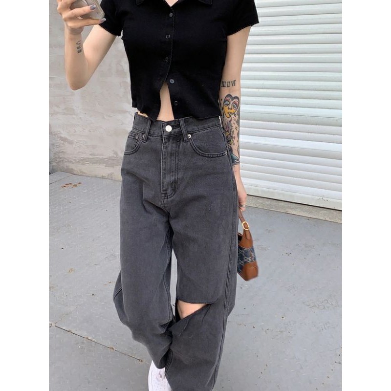 [ Sẵn quần jean size S và size L ] Set đồ áo polo tay ngắn + quần jean ống suông | BigBuy360 - bigbuy360.vn