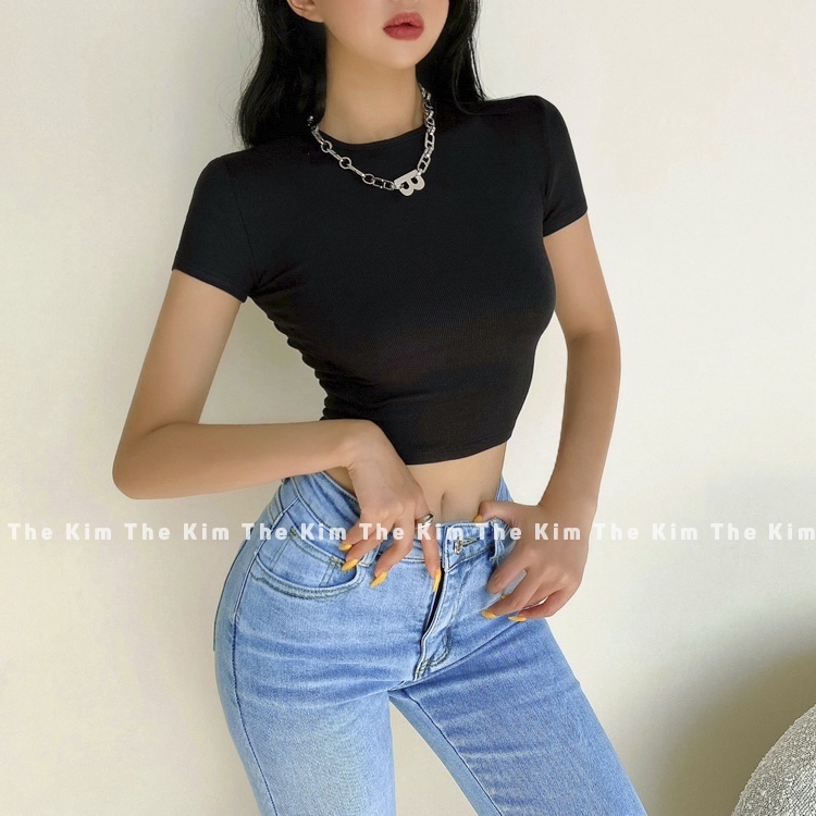 Áo thun croptop tay ngắn cổ tròn The Kim, áo baby tee thun tăm trơn A166