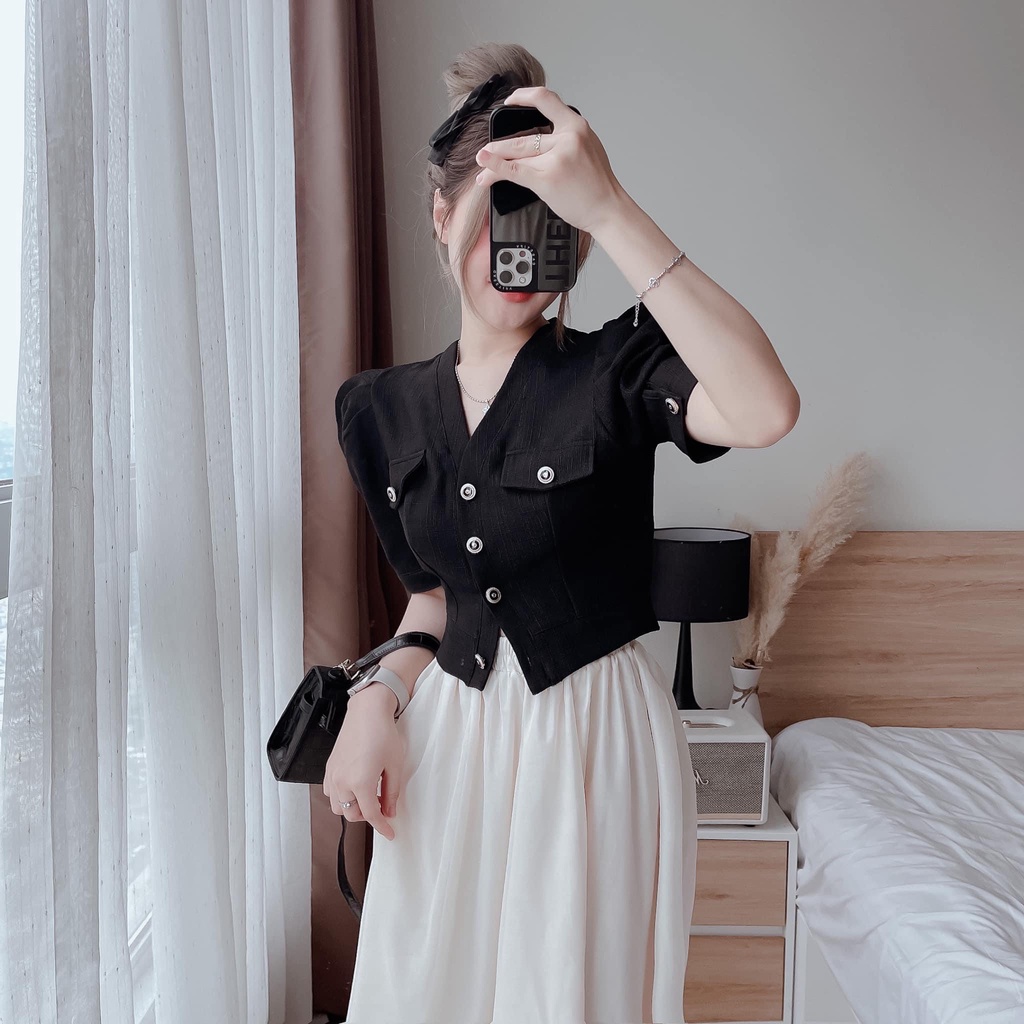 Set bộ đồ nữ áo croptop bồng bềnh đính nút mix chân váy voan dài siêu xinh, sang chảnh dành cho các nàng đi chơi, đi làm
