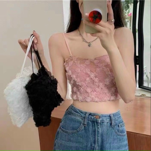 Áo bra ren 2 dây croptop cao cấp, kèm mút nâng, ren hoa hồng (zeroshop)