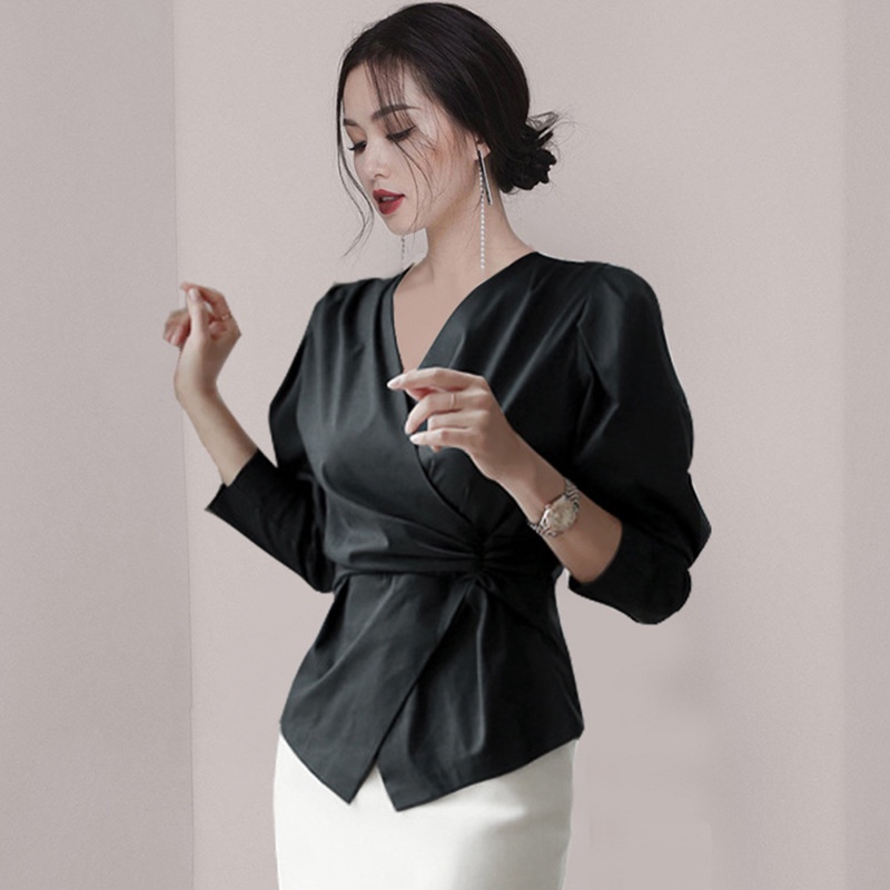 Áo Sơ Mi Nữ Tay Dài Cổ Chữ V Màu Trắng/Đen Thời Trang Mùa Hè