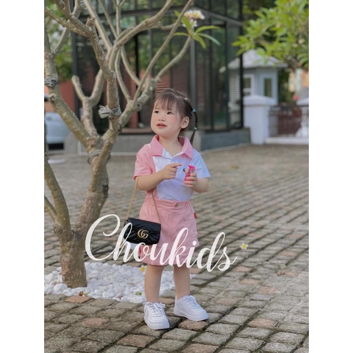 Set áo polooo chân váy kaki hồng bé gái