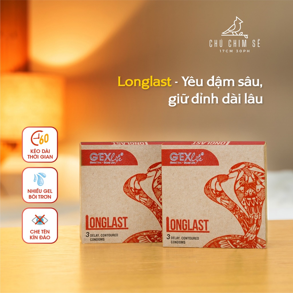 Bao cao su GEXlife Longlast ôm khít, kéo dài thời gian (Hộp 3 chiếc)- Chú Chim Sẽ