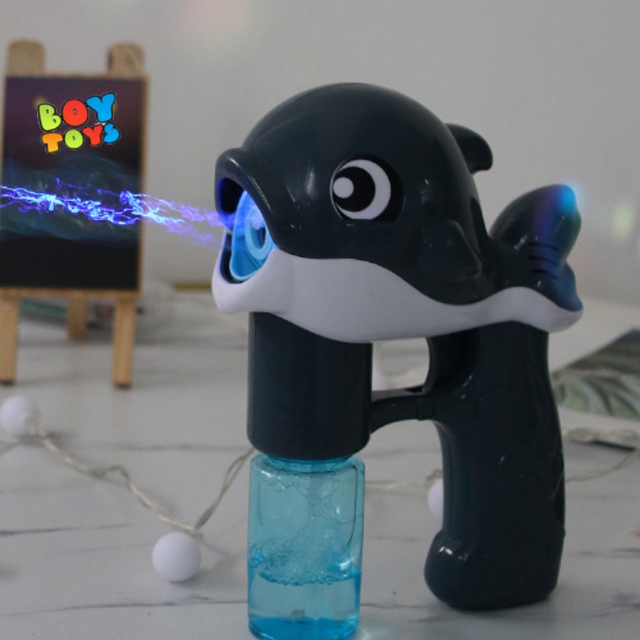 Đồ chơi súng bắn bong bóng xà phòng hình cá heo có nhạc và đèn, đồ chơi bong bóng dễ thương cho bé có sử dụng pin