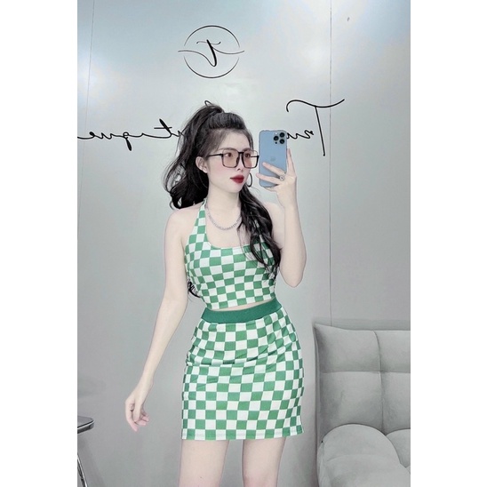 Set Chân Váy Áo Yếm Kẻ Ô