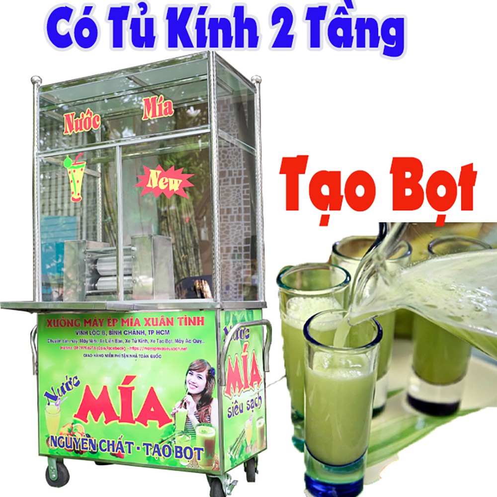 Máy ép nước mía, xe nước mía 2 lô inox 304 tạo bọt có tủ kính kết hợp Truyền Thống và Siêu Sạch