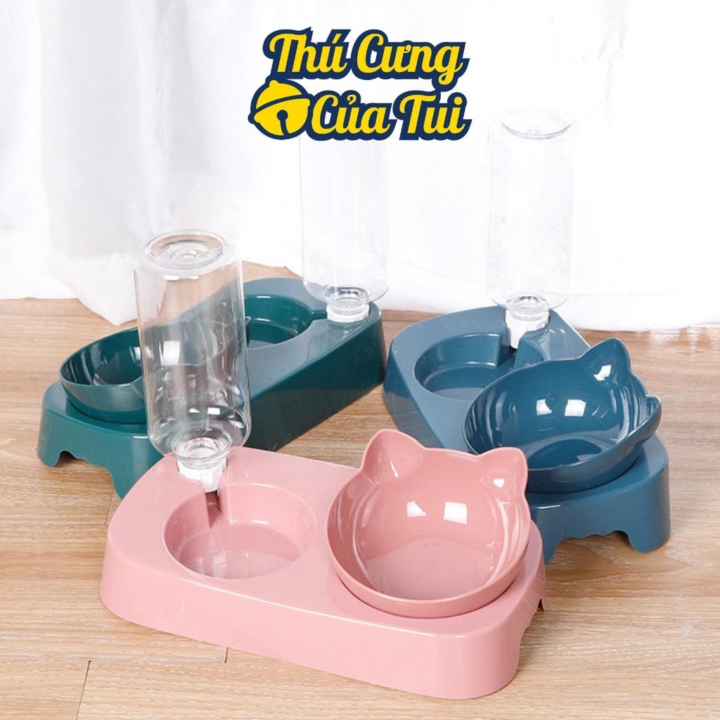 Bát Ăn Đôi Kèm Bình Nước Tự Động Hình Tai Mèo Chống Gù Cho Thú Cưng Khay Đựng Đồ Ăn Chó Mèo - Thú Cưng Của Tui