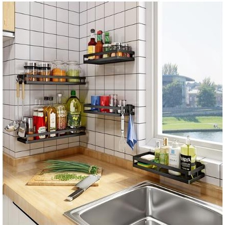 Kệ để gia vị 1 tầng đen tabi dán tường nhà bếp không khoan đục