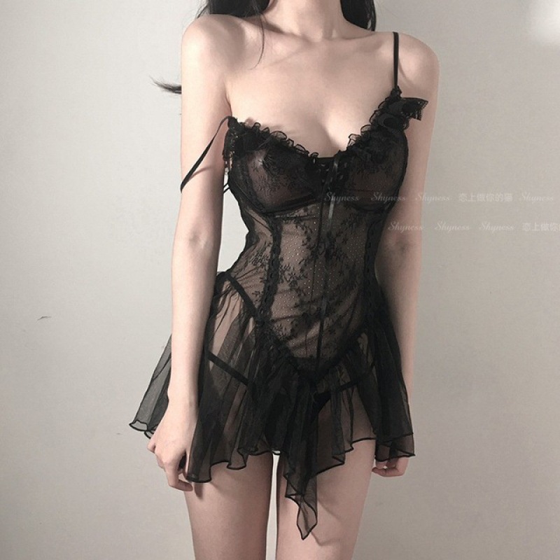 Đồ Ngủ Sexy Váy Tiểu Thư Bó Xuyên Thấu Gợi Cảm Kèm Quần Chip Quyến Rũ Đan Dây Ngực