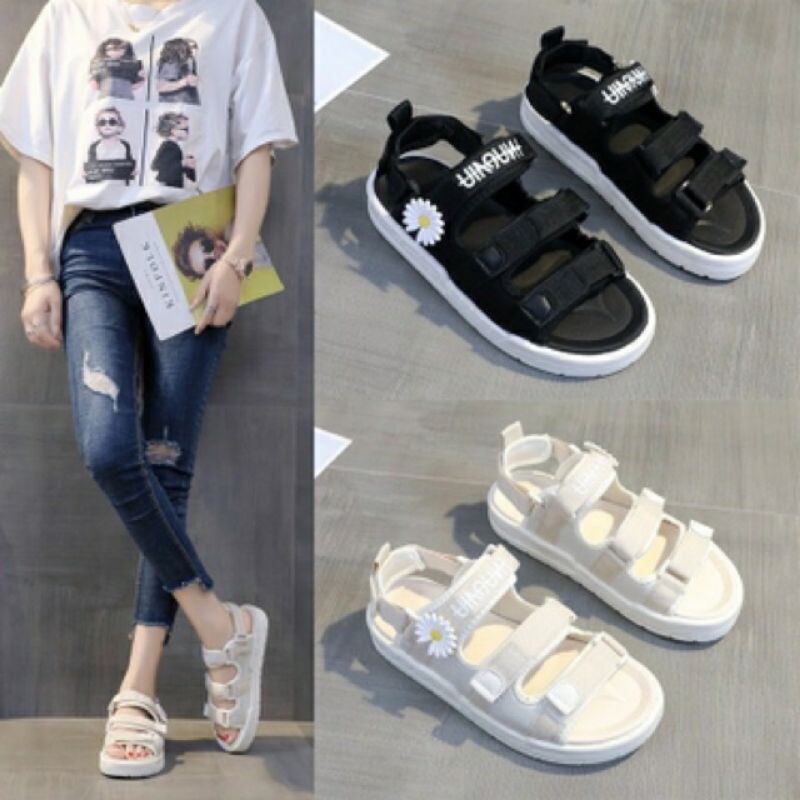 [ free ship 50k ] Dép Sandal Nữ Quai Ngang Dép Học Sinh Đính Hoa Cúc