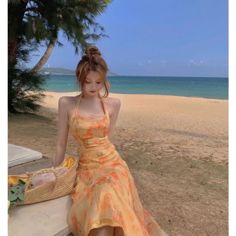 VÁY ĐẦM CỔ YẾM VOAN TƠ HOA VÀNG