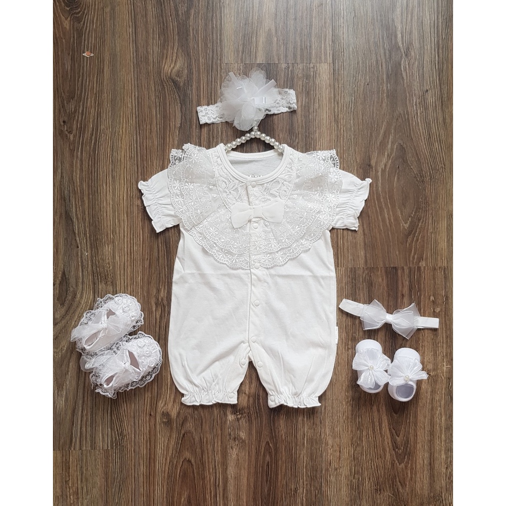 Bộ bé gái - Body cộc ren nơ ngực cho bé