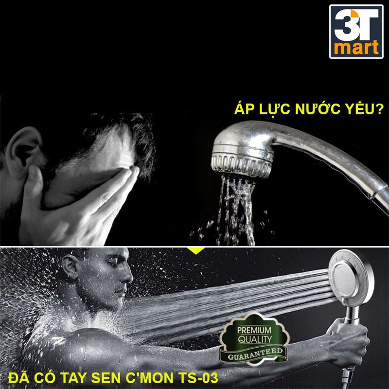 Bộ vòi sen tăng áp 3 chế độ nước tắm nóng lạnh được C'MON TS-03 + dây sen (bạc)