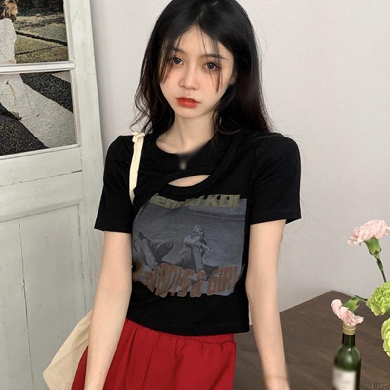 Áo thun croptop tay ngắn thiết kế khoét lỗ độc đáo phong cách Hàn Quốc thời trang mùa hè cho nữ