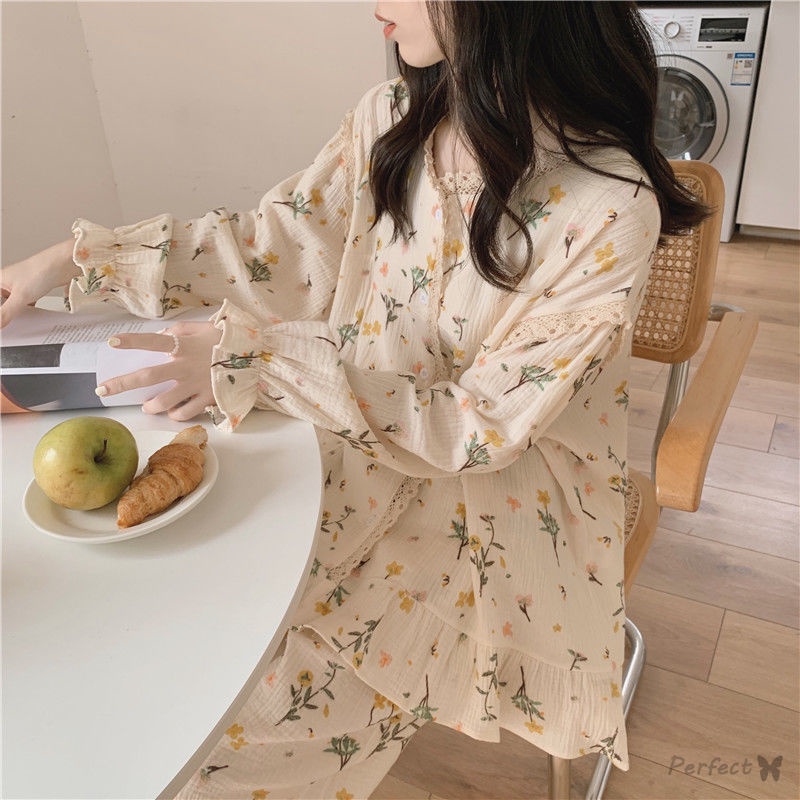 Bộ Đồ Ngủ Pijama Dài Tay Cổ Tròn In Họa Tiết Hoa Kiểu Nhật Bản Thời Trang Xuân Thu Cho Nữ