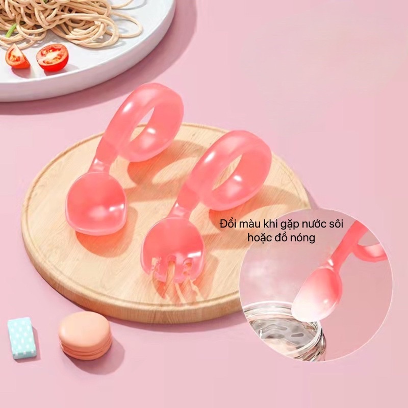 Thìa dĩa tròn tập xúc cho bé mẫu mới cao cấp cảm biến nhiệt thay đổi màu ngăn ngừa bỏng