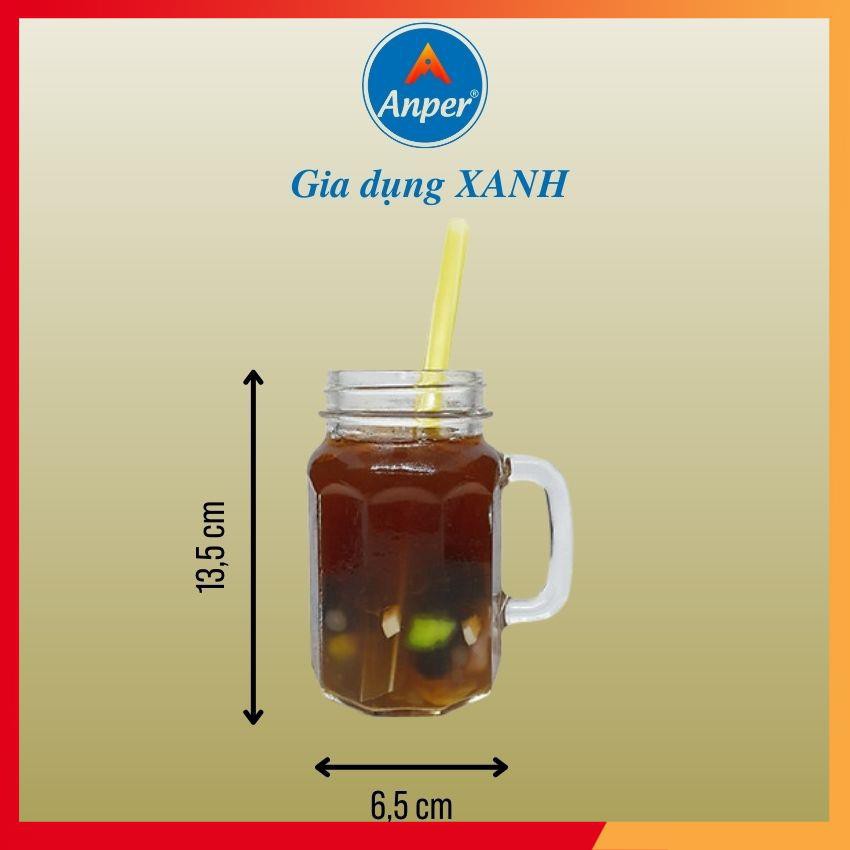 Ly Cốc Thủy Tinh Anper 450ml Cao Cấp Sang Trọng, 10 Cạnh Dễ Thương Có Quai, Có Nắp, Dùng Quán nước uống Cà phê, Sinh tố.