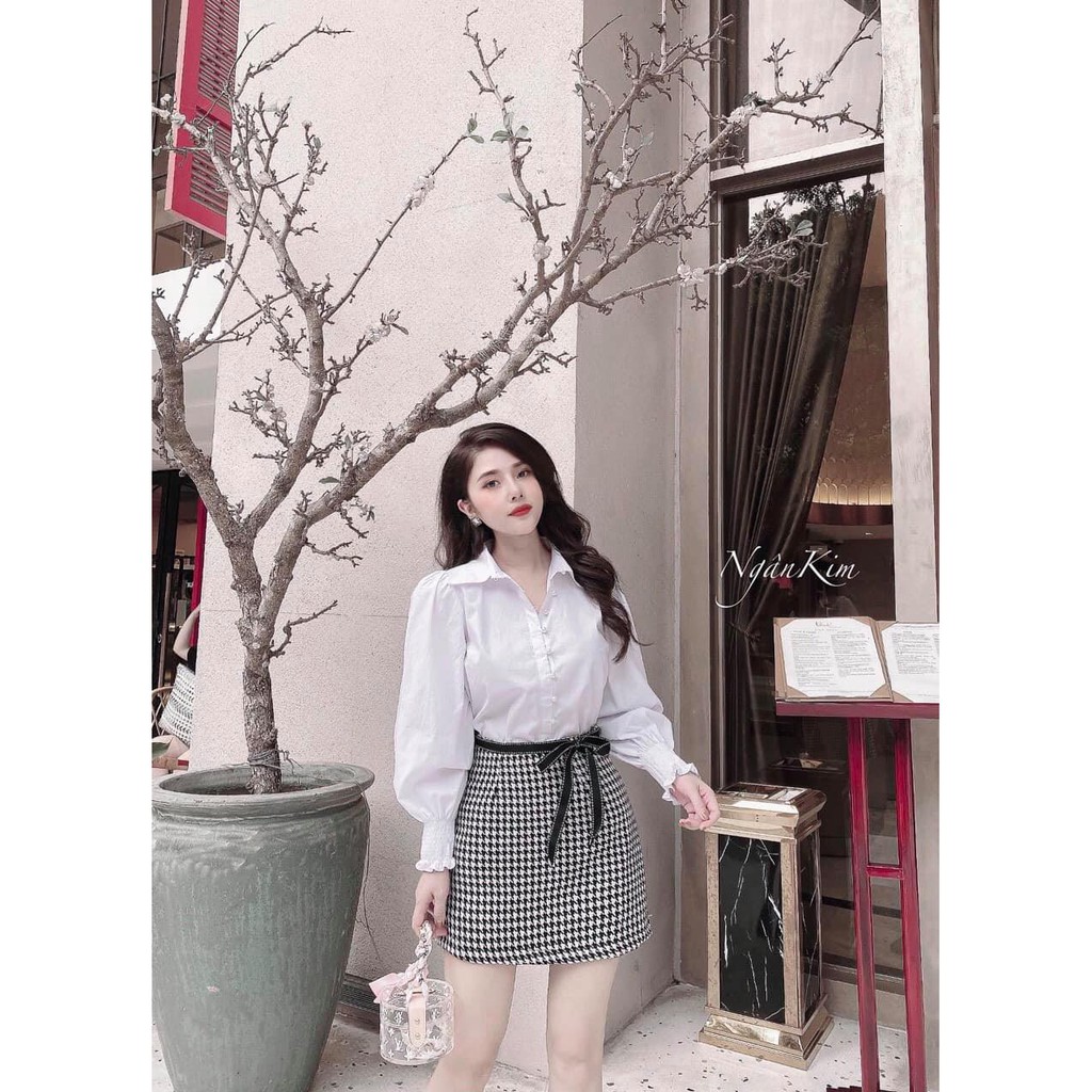 Xả chân váy cạp viền nơ cho nữ x