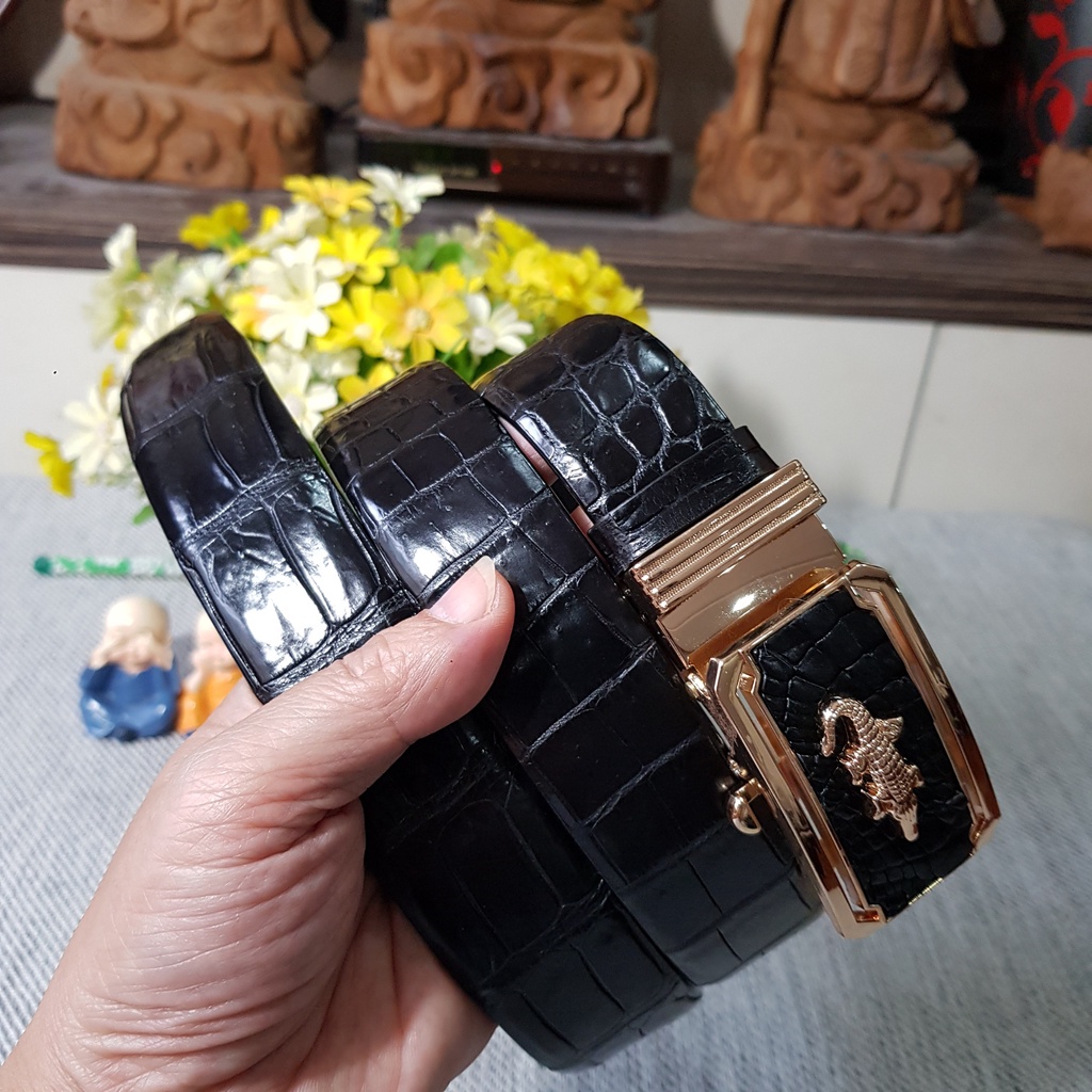 Dây Lưng Cá Sấu, Dây Liền Nguyên Con Không Nối, Dây Lưng Da Cá Sấu Bụng, Bản 3,5cm I Màu Đen I Bảo Hành 24 Tháng