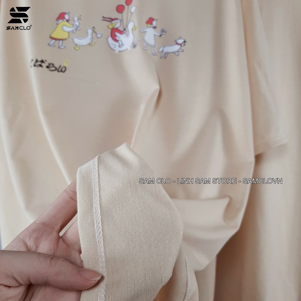 Áo thun tay lỡ nữ freesize phông form rộng Unisex, mặc cặp, nhóm, lớp in hình CÔ GÁI ÔM CON VỊT màu nude sữa