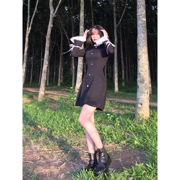 (CLIP THẬT) Đầm dự tiệc tiểu thư đen nút vàng | BigBuy360 - bigbuy360.vn