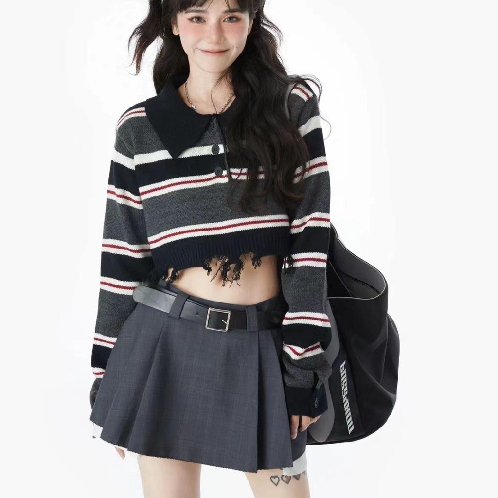 Áo Sweater Cổ polo Họa Tiết Kẻ Sọc Phong Cách Retro Mỹ Thời Trang Mùa Thu 2022 Mới