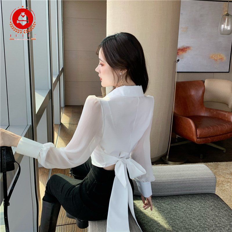 Áo Sơ Mi Chiffon Nữ Dài Tay Cổ Chữ V Thắt Nơ Thời Trang