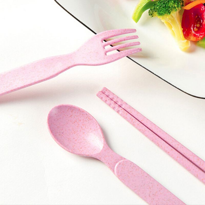 Wheat Straw Spoon Fork Chopsticks Three-piece Children Portable Cutlery Set