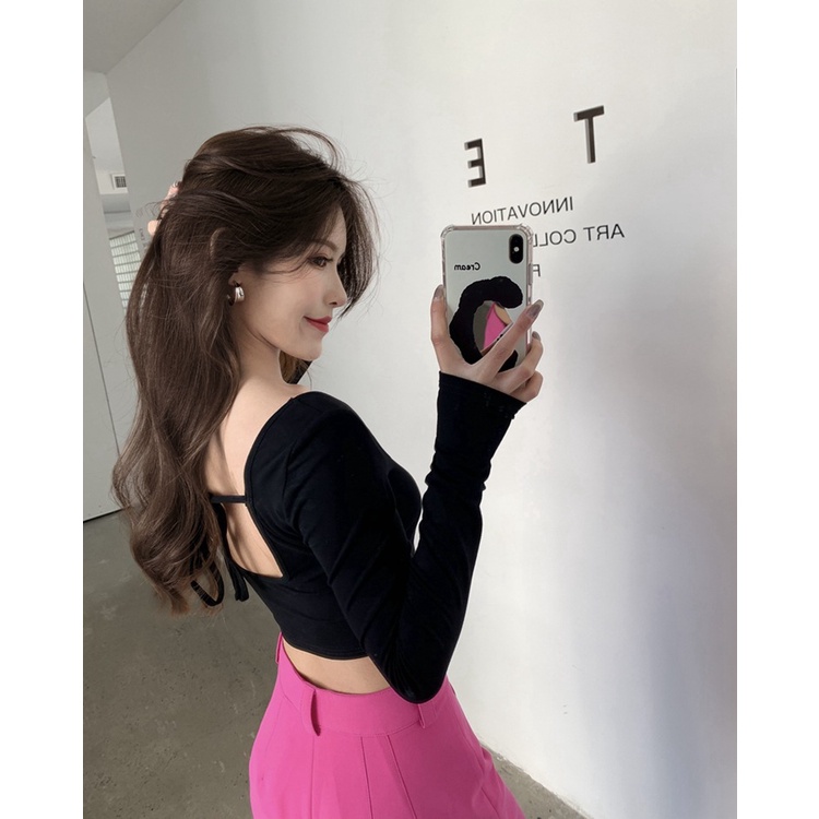 Áo Thun Nữ Dài Tay Cổ Vuông Dây Đan Chéo Sau Lưng Gợi Cảm