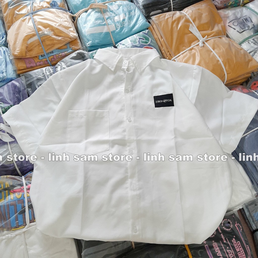 Áo sơ mi đi học nữ form rộng tay ngắn - lỡ có túi dáng ulzzang freesize unisex mặc đi học thêu LOGO ĐEN 20 INCH trắng | BigBuy360 - bigbuy360.vn