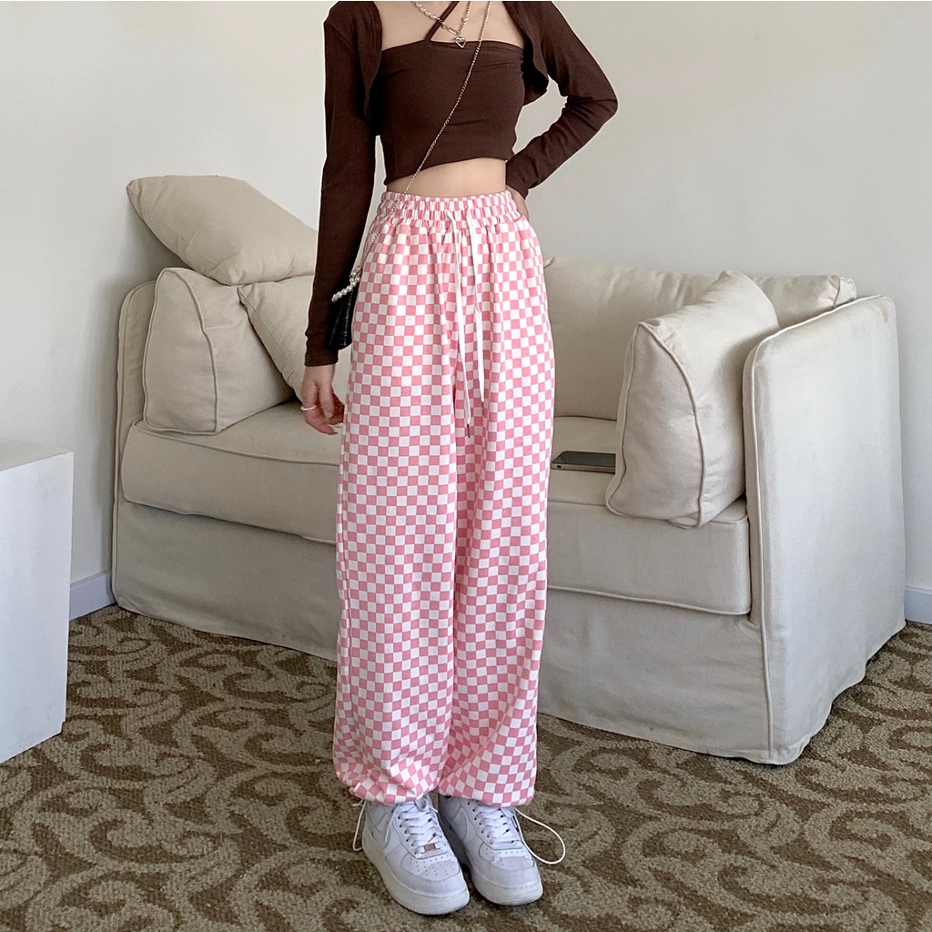 Quần ống rộng Sọc Ca Rô Hồng Thời Trang Trẻ Trung Cho Nữ size S-4XL