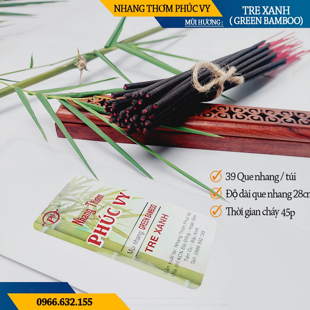 Nhang Thơm Phúc Vy Hương Tre Xanh - Túi 39 Cây 28cm, Ít Khói, Thơm Nhẹ, Dễ Chịu, Không kích mũi